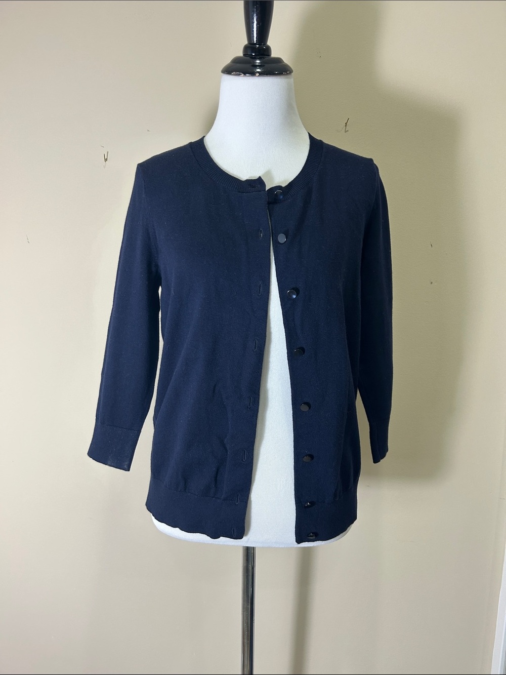 Talbots Navy Crewneck Button Cardigan with dragonfly on front